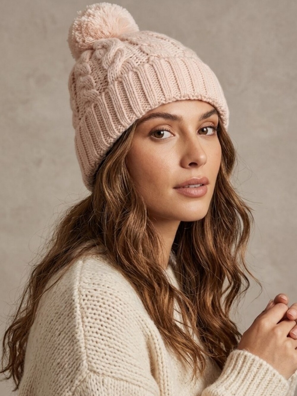 Indigo Slouchy Chunky Cable Knit Pom-Pom Beanie - Light Pink